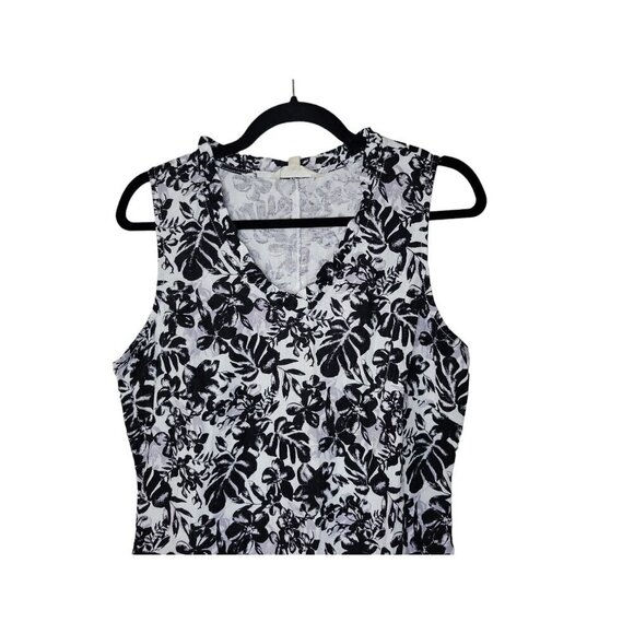 Briggs Tropical Linen Blend Shift Dress Black White Pullover V Neck Sleeveless - Picture 3 of 9